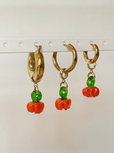 Load image into Gallery viewer, pumpkin glass charm on thick 5mm holly hoop 3mm heather hoop earring and 3mm hilda hoop earring