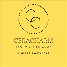 Load image into Gallery viewer, Ceracharm logo on a yellow background with text 'Light &amp; Radiance Digital Download'. This is a 30 piece pdf digital download of an affirmation deck on positivity, light and radiance